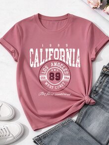 INAWLY 休閒街頭風復古 1889 California 標語修身女款 T-shirt，夏季旅行款，灰粉色 - 紅木色 - 查看 1