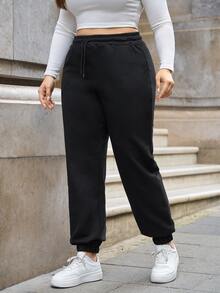 SHEIN Cottnline Cotton Plus Size Women's Solid Color Drawstring High Waist Black Sweatpants , Joggers - Black - View 5