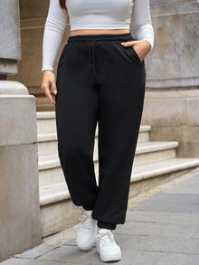 SHEIN Cottnline Cotton Plus Size Women's Solid Color Drawstring High Waist Black Sweatpants , Joggers - Black - View 1