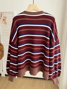 Comfortcana Plus Size Women's Casual Striped Tie-Front Loose Cardigan, Autumn/Winter - Multicolor - View 2