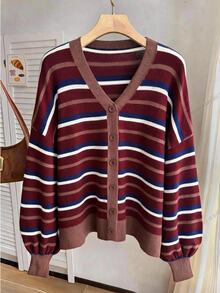 Comfortcana Plus Size Women's Casual Striped Tie-Front Loose Cardigan, Autumn/Winter - Multicolor - View 7