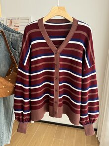 Comfortcana Plus Size Women's Casual Striped Tie-Front Loose Cardigan, Autumn/Winter - Multicolor - View 1