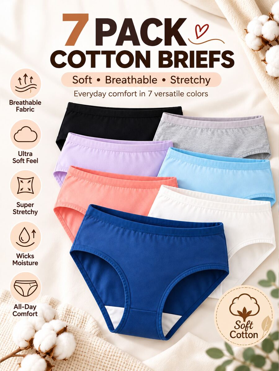 Teen Girl Solid Color Casual Daily Triangle Panties 7pcs/Pack - Multicolor - View 1