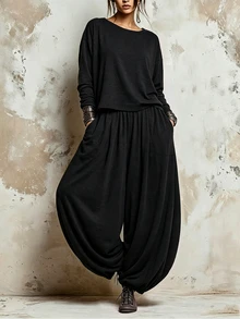 SHEIN 秋冬兩件套居家休閒優雅外出舒適面料基礎T恤與休閒長褲 - 黑色 - 查看 3