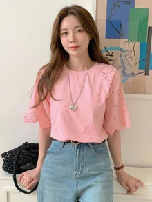 DAZY Women's Lace Patchwork Elegant City Casual Short Sleeve T-Shirt Summer Cute Tops - Pink - View 1