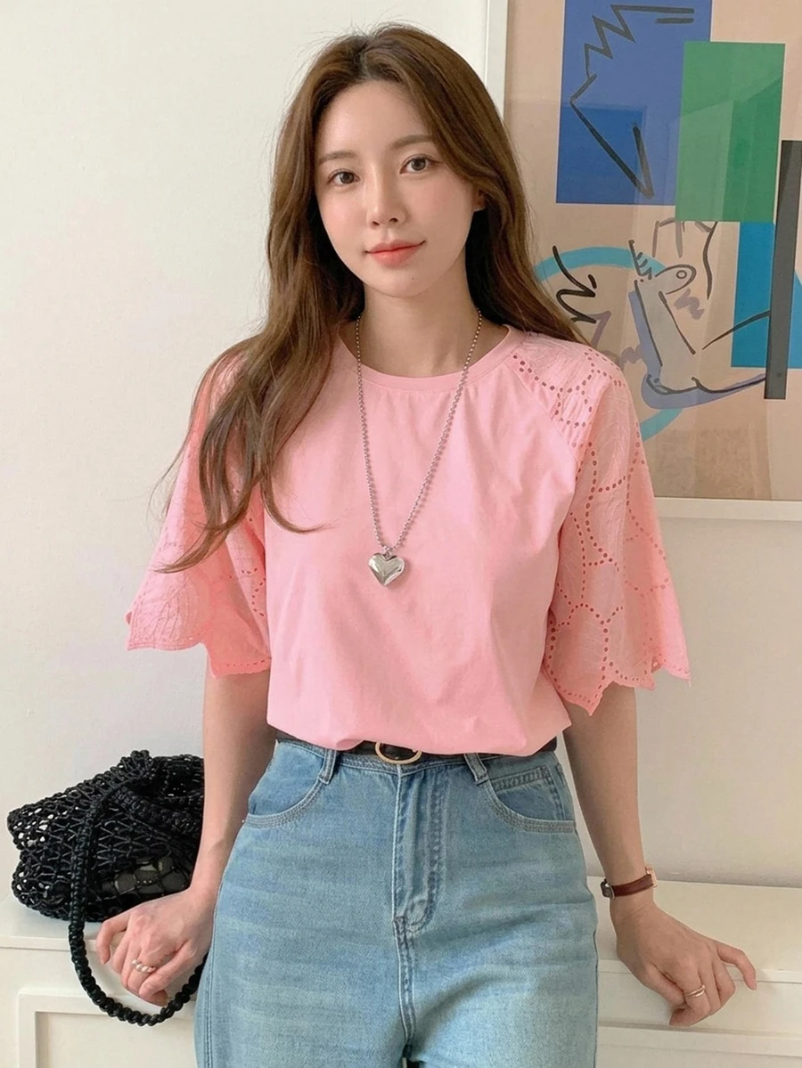 DAZY Women's Lace Patchwork Elegant City Casual Short Sleeve T-Shirt Summer Cute Tops - Pink - View 1
