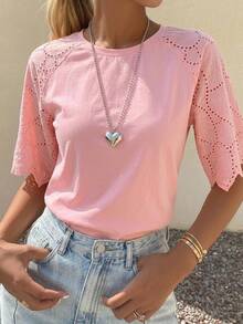 DAZY Women's Lace Patchwork Elegant City Casual Short Sleeve T-Shirt Summer Cute Tops - Pink - View 9