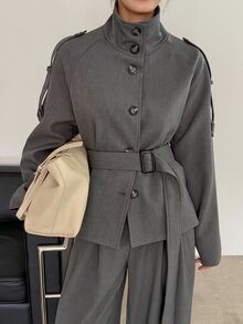 Dazy-Less 女士立领短款系带风衣外套和宽松阔腿裤休闲套装，两件套，家居服套装 - 灰色 - 查看 7