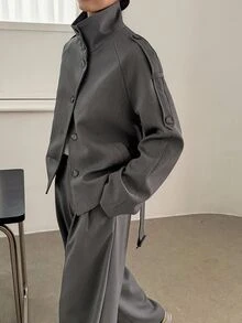 Dazy-Less 女士立领短款系带风衣外套和宽松阔腿裤休闲套装，两件套，家居服套装 - 灰色 - 查看 6