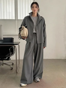 Dazy-Less 女士立领短款系带风衣外套和宽松阔腿裤休闲套装，两件套，家居服套装 - 灰色 - 查看 1