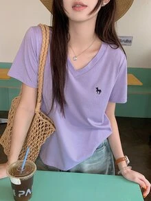 DAZY 女款V領刺繡短袖休閒T恤可愛上衣 - 紫丁香色 - 查看 7