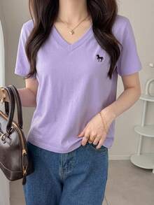 DAZY 女款V領刺繡短袖休閒T恤可愛上衣 - 紫丁香色 - 查看 8