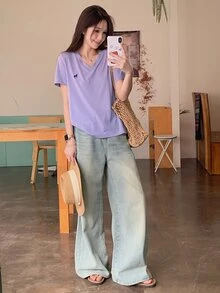 DAZY 女款V領刺繡短袖休閒T恤可愛上衣 - 紫丁香色 - 查看 6