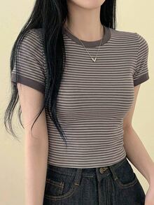 DAZY Women's Summer Casual Striped Short Sleeve Fitted T-Shirt - Coffee Brown - View 10