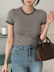 DAZY Women's Summer Casual Striped Short Sleeve Fitted T-Shirt - Coffee Brown - View 9
