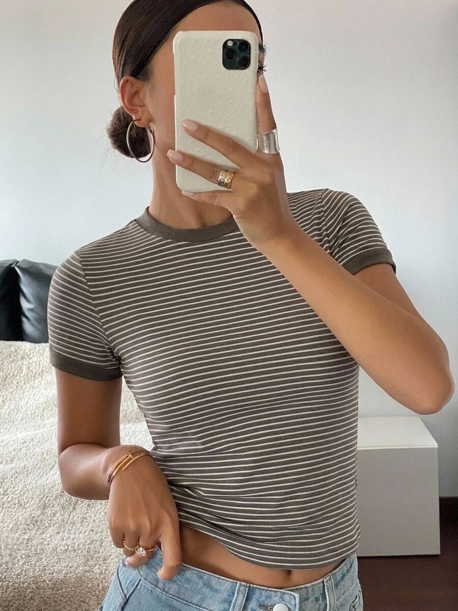 DAZY Women's Summer Casual Striped Short Sleeve Fitted T-Shirt - Coffee Brown - View 1