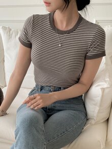 DAZY Women's Summer Casual Striped Short Sleeve Fitted T-Shirt - Coffee Brown - View 5