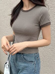 DAZY Women's Summer Casual Striped Short Sleeve Fitted T-Shirt - Coffee Brown - View 8