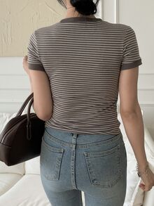 DAZY Women's Summer Casual Striped Short Sleeve Fitted T-Shirt - Coffee Brown - View 6