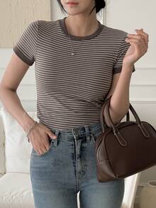 DAZY Women's Summer Casual Striped Short Sleeve Fitted T-Shirt - Coffee Brown - View 4