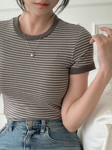 DAZY Women's Summer Casual Striped Short Sleeve Fitted T-Shirt - Coffee Brown - View 2