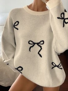 DAZY Women Casual Loose Fit Round Neck Bowknot Pattern Sweater, Autumn/Winter,Long Sleeve Tops,Fall Women Clothes - Apricot - View 5