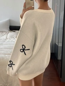 DAZY Women Casual Loose Fit Round Neck Bowknot Pattern Sweater, Autumn/Winter,Long Sleeve Tops,Fall Women Clothes - Apricot - View 6