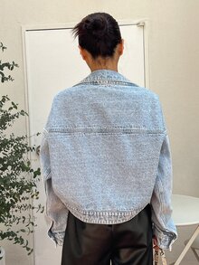 DAZY Drop Shoulder Asymmetrical Hem Denim Jacket,Fall Women Clothes - Light Wash - View 7