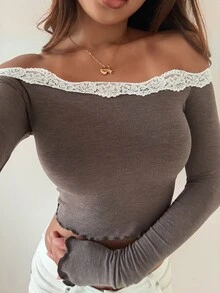DAZY 女款露肩修身長袖休閒套頭優雅T恤 Y2K 短版外出上衣 - 卡其色 - 查看 5