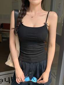 Joudiya 女款 3D 蝴蝶結裝飾貼身吊帶背心 學院風短版上衣 - 黑色 - 查看 3