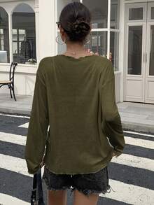 DAZY 女款寬鬆深V領長袖透視休閒上衣，都市街頭風T恤，夏季泳裝外罩衫，適合學校穿著 - 軍綠色 - 查看 4