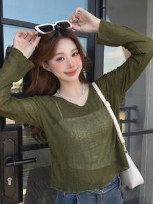 DAZY 女款寬鬆深V領長袖透視休閒上衣，都市街頭風T恤，夏季泳裝外罩衫，適合學校穿著 - 軍綠色 - 查看 7