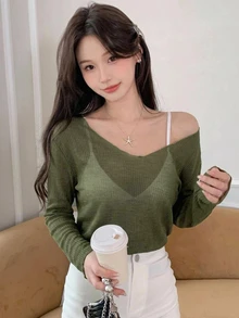 DAZY 女款寬鬆深V領長袖透視休閒上衣，都市街頭風T恤，夏季泳裝外罩衫，適合學校穿著 - 軍綠色 - 查看 8