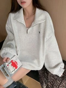 DAZY 女款寬鬆領口刺繡圖案套頭運動衫，長袖上衣，秋季可愛上衣 - 灰色 - 查看 5