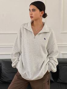 DAZY 女款寬鬆領口刺繡圖案套頭運動衫，長袖上衣，秋季可愛上衣 - 灰色 - 查看 10