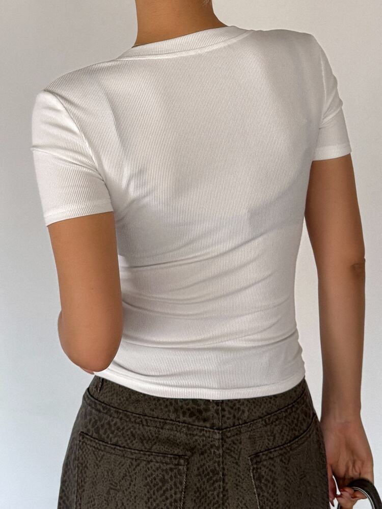 DAZY Women Round Neck Open Front Short Sleeve Fitted T-Shirt Y2k - White - View 5
