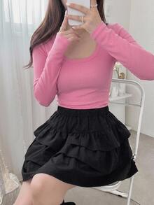 Dazy Star Women's Solid Color Crew Neck Ribbed Knit Sexy Long Sleeve T-Shirt,Fall Clothes - Pink - View 10