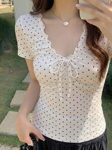 DAZY Women's Polka Dot Print Pleated V-Neck Sleeveless Casual Tank Top, Summer - White - View 10