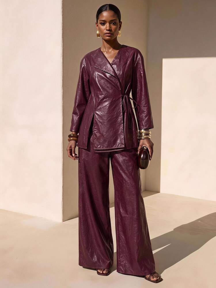 Zivah Dark Purple,Autumn,Elegant,Dining College Style Textured Fabric Kimono-Inspired Waist Tie Shirt & Wide Leg Pants 2-Piece Set,Music Festival Outfit - Burgundy - View 1