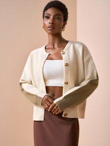 Zivah Women's Beige Long-Sleeved Round-Neck Open-Front Sweater,Effortless Chic Autumn Everyday Versatile Casual Elegance,Commuting Simple Style Winter New - Multicolor - View 3