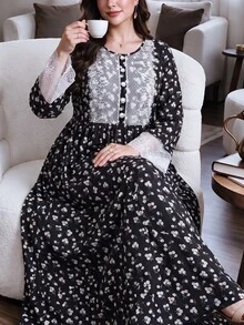 Lacomfia Plus Size Women's Knit Ribbed Ditsy Floral Lace Trim Cuff & Chest Long Sleeve Loose Fit Round Neck Floral Dress, Suitable For Casual Daily Wear - Black - View 1