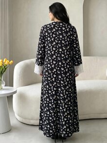 Lacomfia Plus Size Women's Knit Ribbed Ditsy Floral Lace Trim Cuff & Chest Long Sleeve Loose Fit Round Neck Floral Dress, Suitable For Casual Daily Wear - Black - View 2