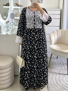 Lacomfia Plus Size Women's Knit Ribbed Ditsy Floral Lace Trim Cuff & Chest Long Sleeve Loose Fit Round Neck Floral Dress, Suitable For Casual Daily Wear - Black - View 6