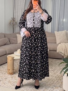 Lacomfia Plus Size Women's Knit Ribbed Ditsy Floral Lace Trim Cuff & Chest Long Sleeve Loose Fit Round Neck Floral Dress, Suitable For Casual Daily Wear - Black - View 4