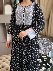 Lacomfia Plus Size Women's Knit Ribbed Ditsy Floral Lace Trim Cuff & Chest Long Sleeve Loose Fit Round Neck Floral Dress, Suitable For Casual Daily Wear - Black - View 5