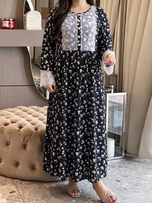 Lacomfia Plus Size Women's Knit Ribbed Ditsy Floral Lace Trim Cuff & Chest Long Sleeve Loose Fit Round Neck Floral Dress, Suitable For Casual Daily Wear - Black - View 7