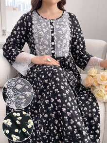 Lacomfia Plus Size Women's Knit Ribbed Ditsy Floral Lace Trim Cuff & Chest Long Sleeve Loose Fit Round Neck Floral Dress, Suitable For Casual Daily Wear - Black - View 3