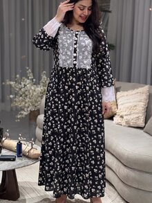 Lacomfia Plus Size Women's Knit Ribbed Ditsy Floral Lace Trim Cuff & Chest Long Sleeve Loose Fit Round Neck Floral Dress, Suitable For Casual Daily Wear - Black - View 9