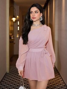 Modelyn 女款優雅浪漫不對稱單肩蝴蝶結裝飾雪紡長袖收腰短版秋季灰粉色迷你洋裝，適合派對、夜晚晚餐約會 - 粉色 - 查看 3