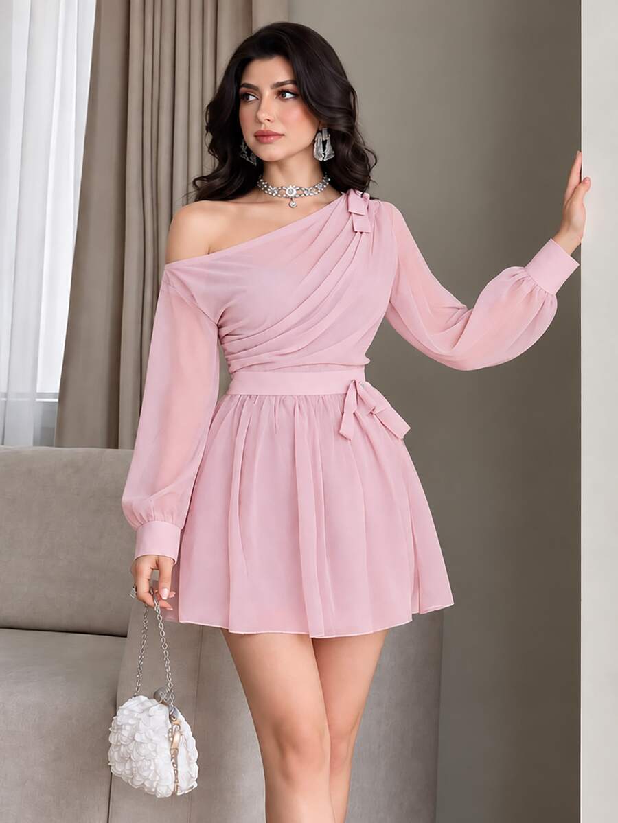 Modelyn 女款優雅浪漫不對稱單肩蝴蝶結裝飾雪紡長袖收腰短版秋季灰粉色迷你洋裝,適合派對、夜晚晚餐約會 - 粉色 - 查看 1